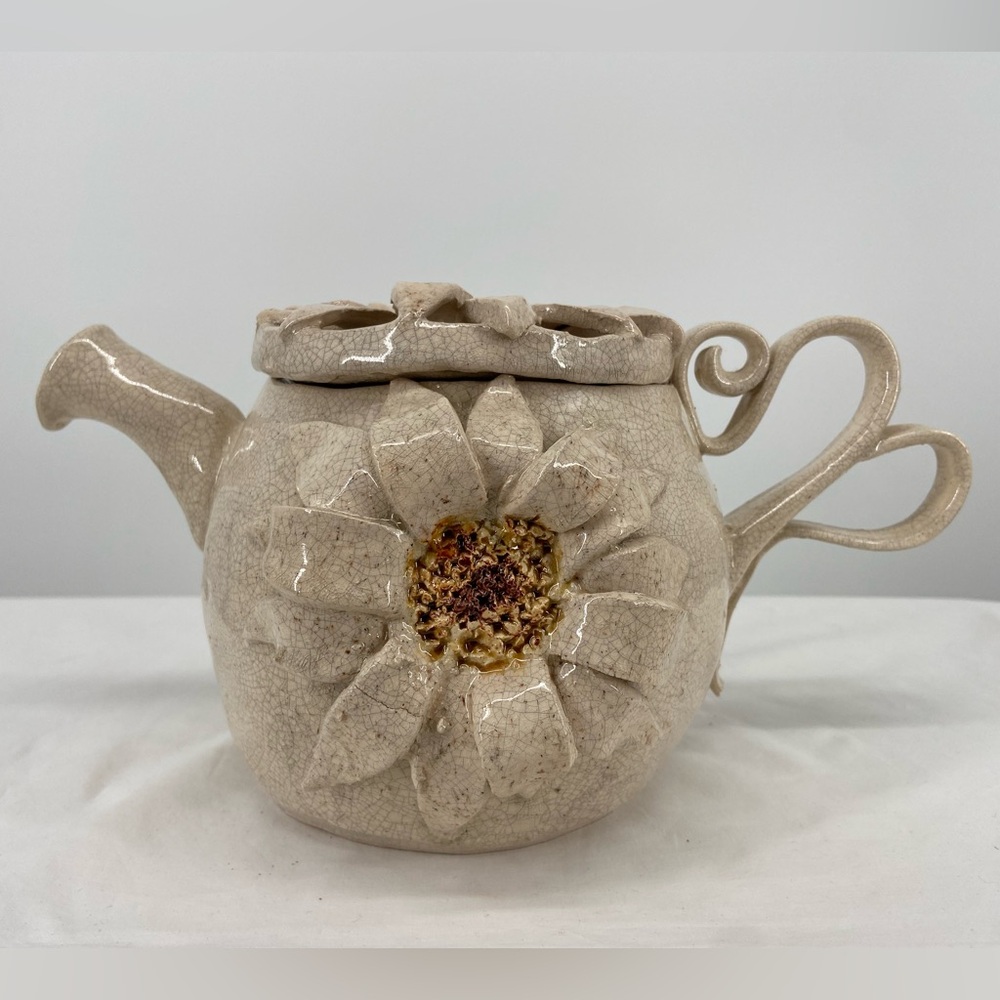 Handmade Teapot with sunflower‎ design Beige curvy handle Unique